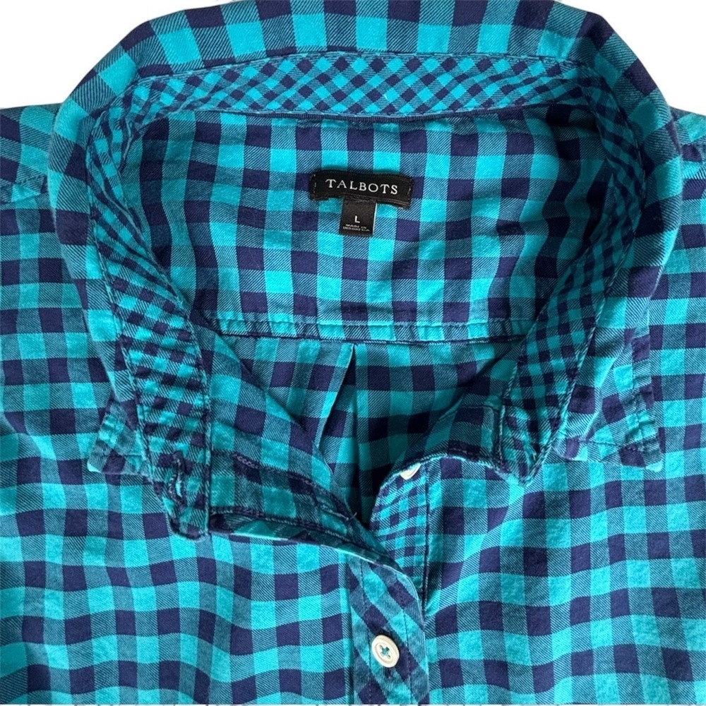 Talbots Womens Blue Navy Gingham Cotton Button Shirt Lg Preppy Coastal Grandma - Picture 6 of 10